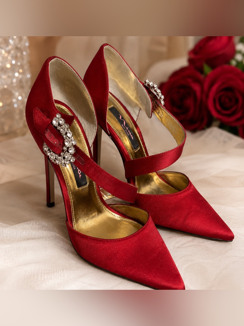 Nina New York Red Satin Rhinestone Strap Stiletto Heels Size 8M